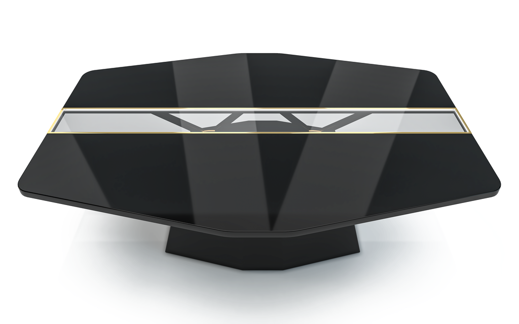 Black Line River Dining Table with hexagonal black coffee table and gold trim