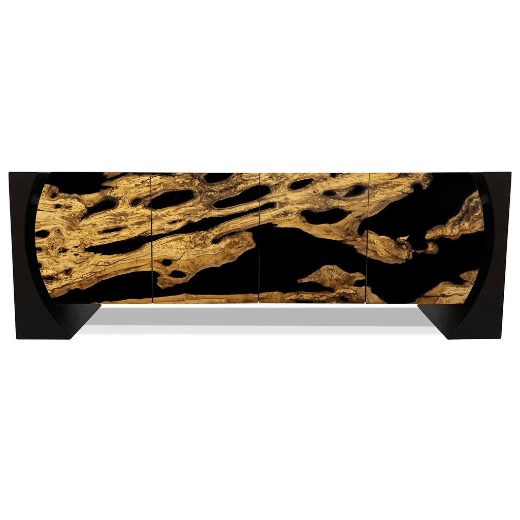 black loire olive wood credenza, modern credenza, credenza with resin doors, olive wood credenza, jet black resin credenza, black lacquered wood credenza, credenza for living room, modern credenza for sale, credenza with natural wood