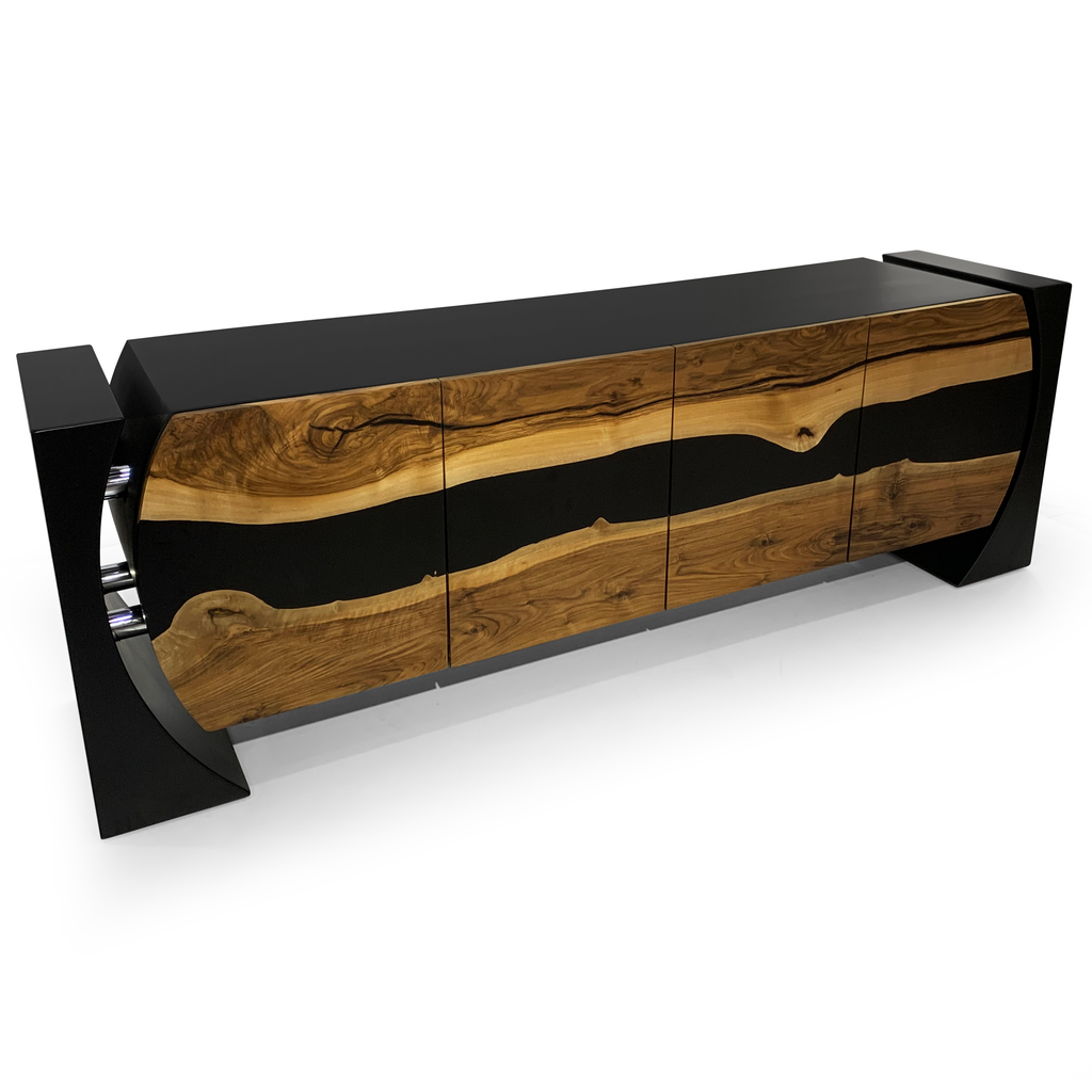 black loire walnut wood credenza, modern credenza, credenza with resin doors, walnut wood credenza, jet black resin credenza, black lacquered wood credenza, credenza for living room, modern credenza for sale, credenza with natural wood