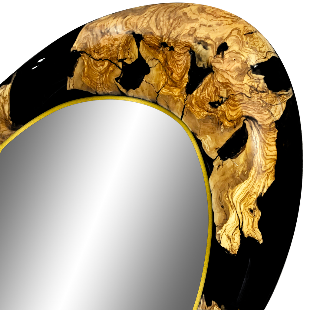 Abstract-shaped Black Megera Olive Wood Wall Mirror with black and gold resin frame