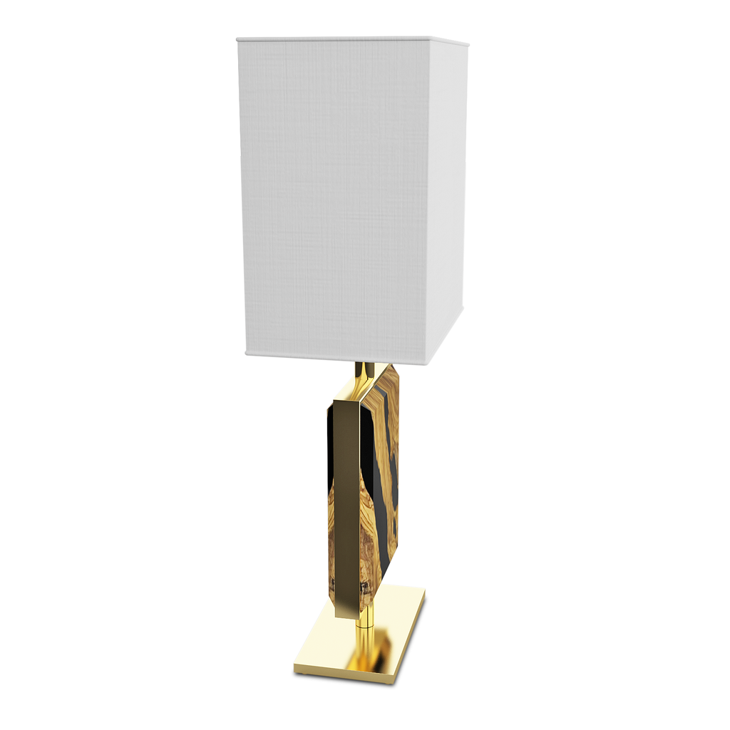 Black Menthe Table Lamp with gold-finished body framed stem and white shade