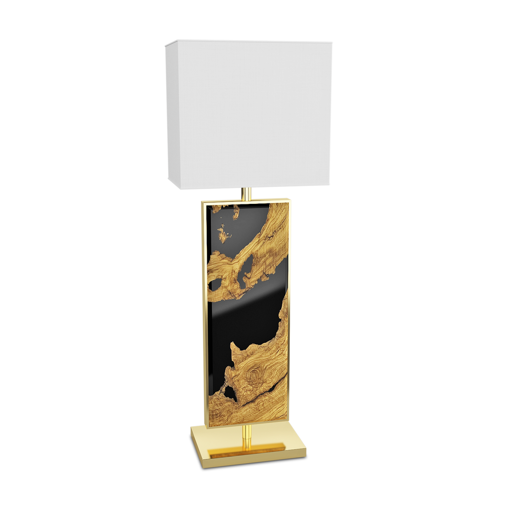 Black Menthe Table Lamp with body framed black and gold resin base and white fabric shade