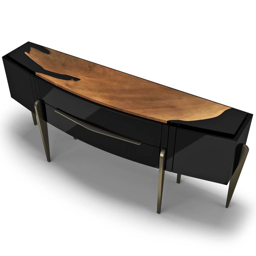 Black Padua Console with glossy black body, live-edge wood resin top, brass legs