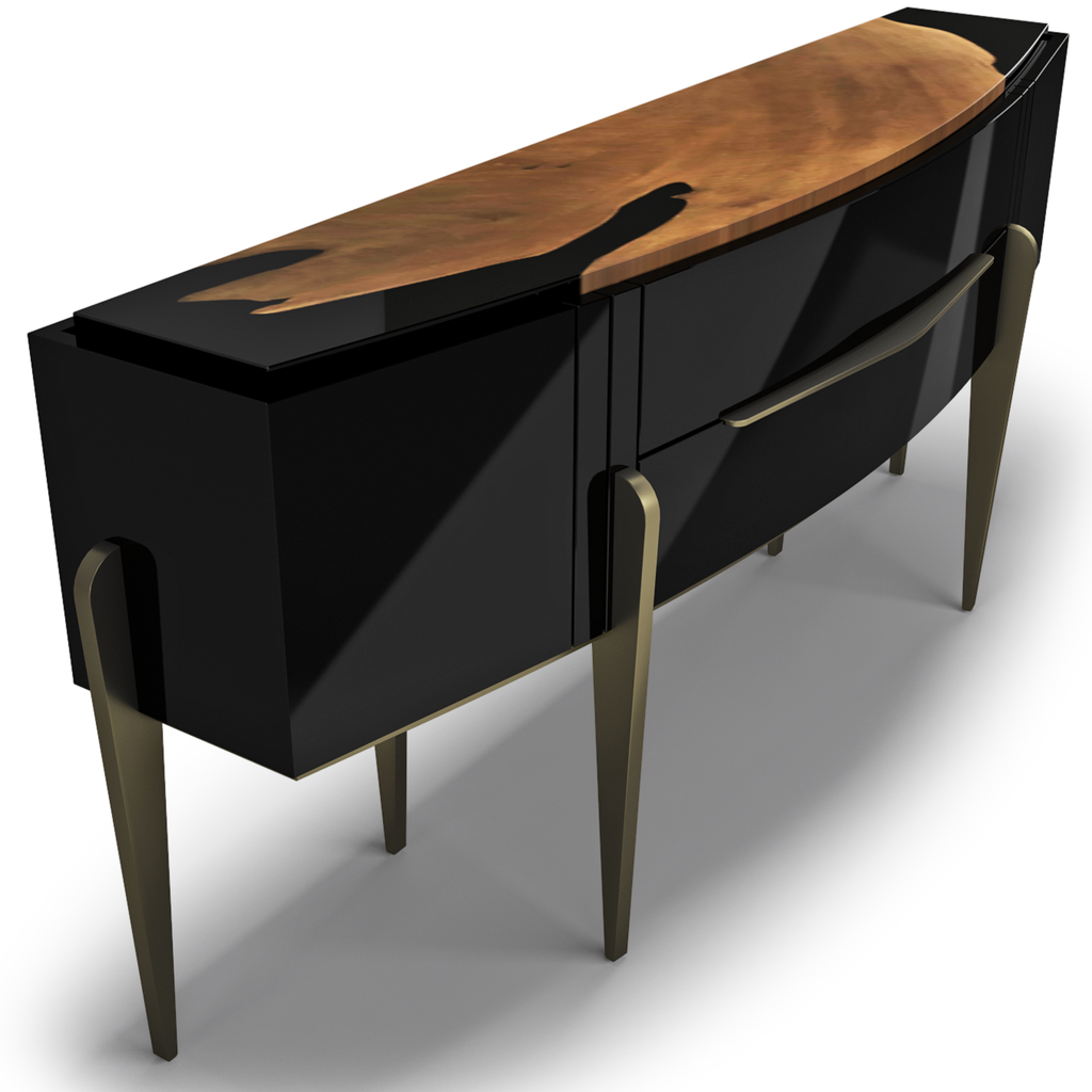 Black Padua Console with glossy black body, wooden top, and golden legs
