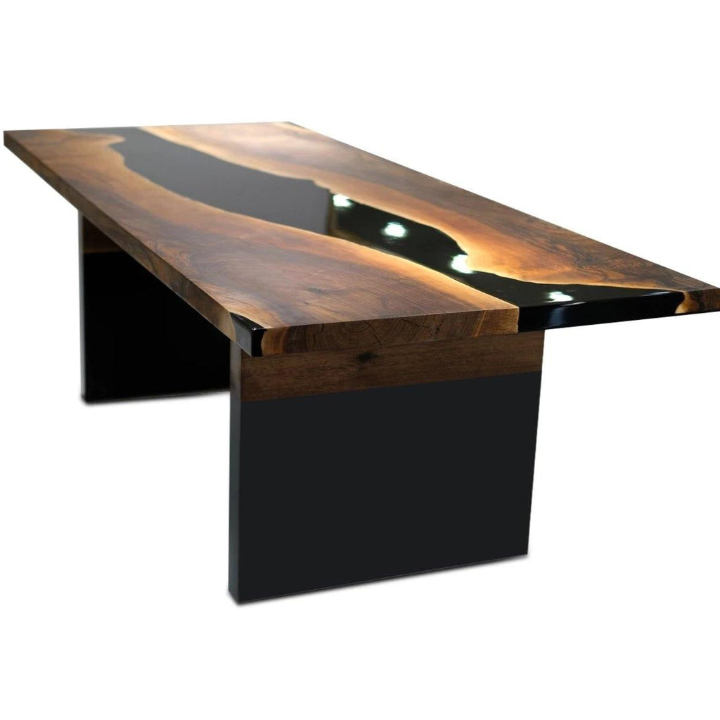 Black Thyria River Walnut Dining Table with live edge wood and illuminated black resin river