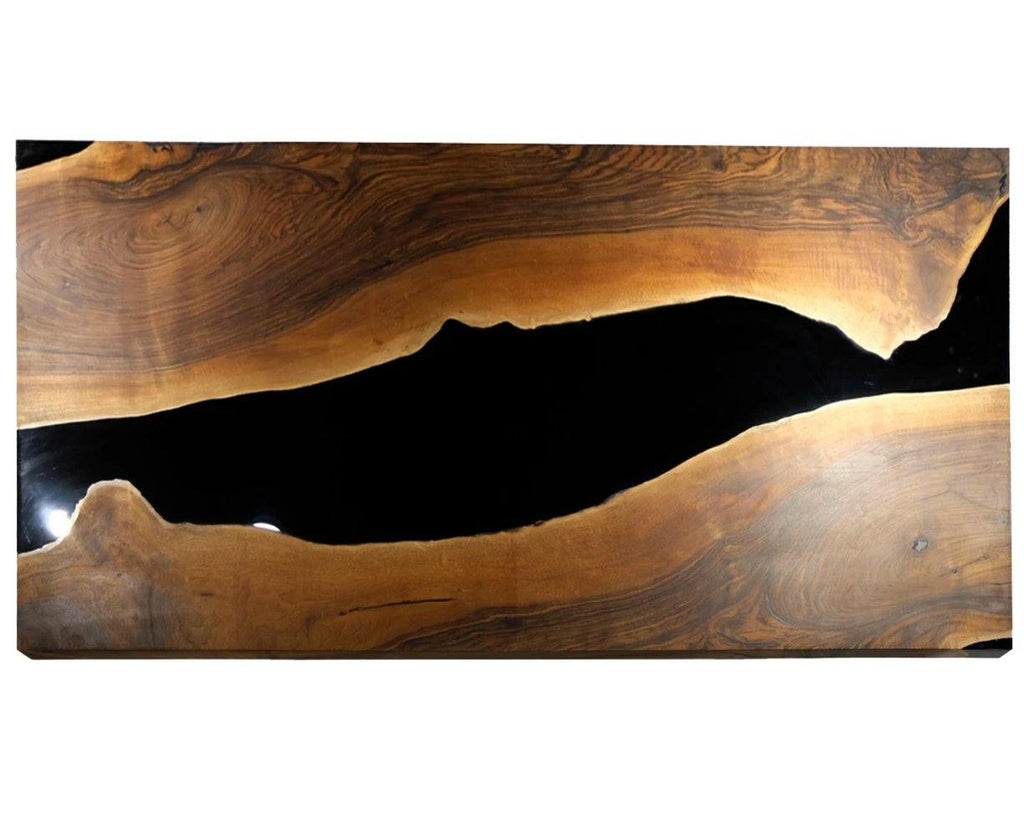 Live-edge wood slab with black resin river for Black Thyria River Walnut Dining Table