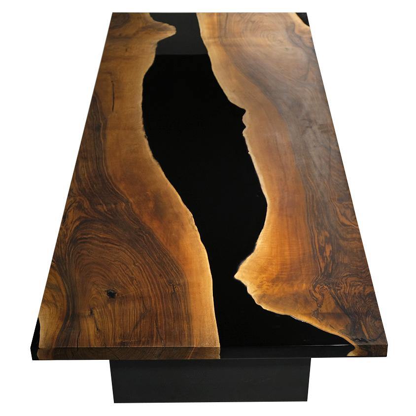 Black Thyria River Walnut Dining Table showcasing live edge wood and black resin river design
