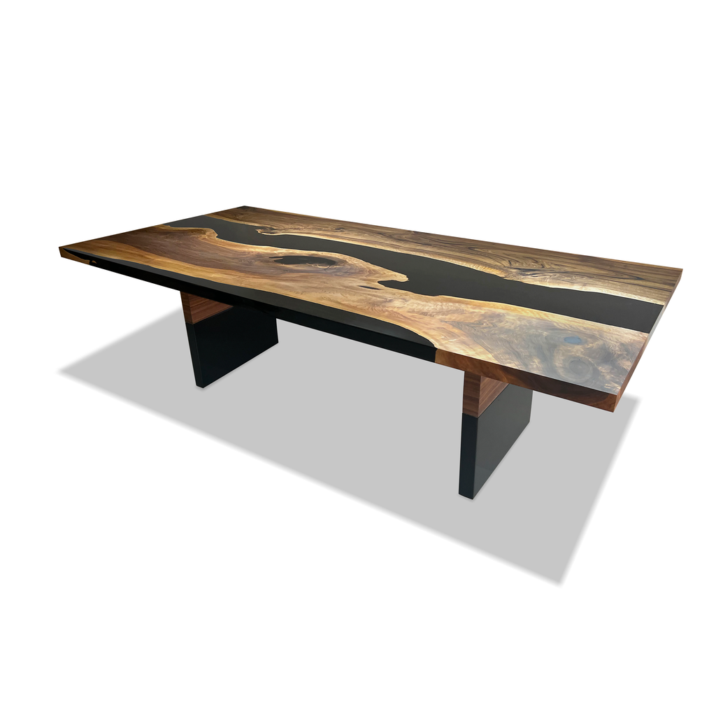 Black Thyria River Walnut Dining Table with live-edge wood and black resin river design