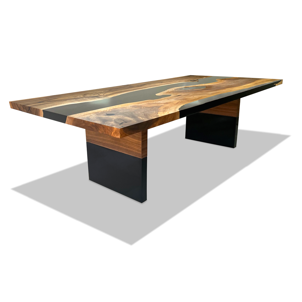Black Thyria River Walnut Dining Table with wooden top and resin river centerpiece