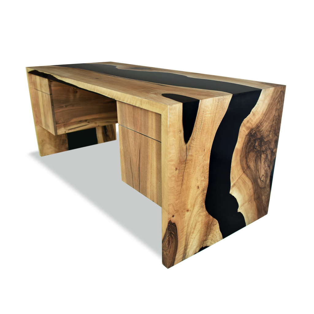 black waterfall walnut wood desk, modern desk, contemporary desk, jet black resin desk, walnut desk, waterfall desk, resin desk