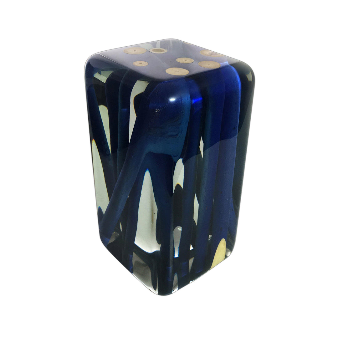 Blue Branches Cube glass vase with dark blue and white abstract patterns and gold accents