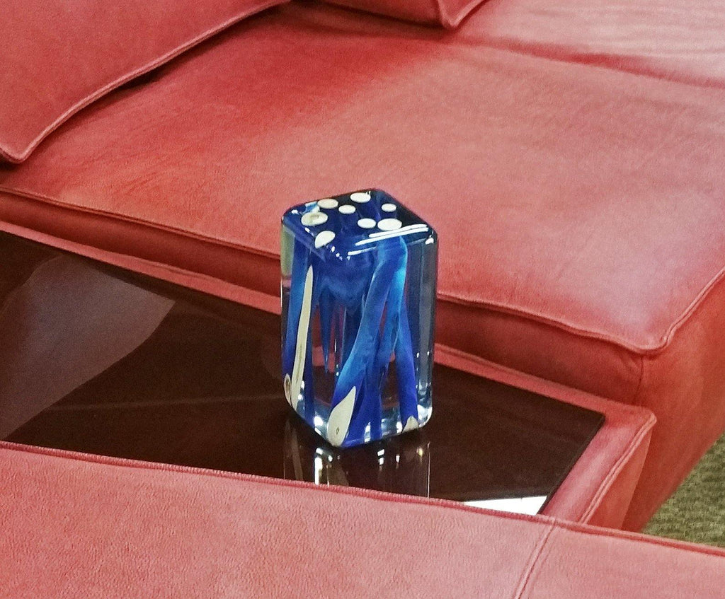 Blue Branches Cube glass paperweight with abstract internal designs showcasing blue branches