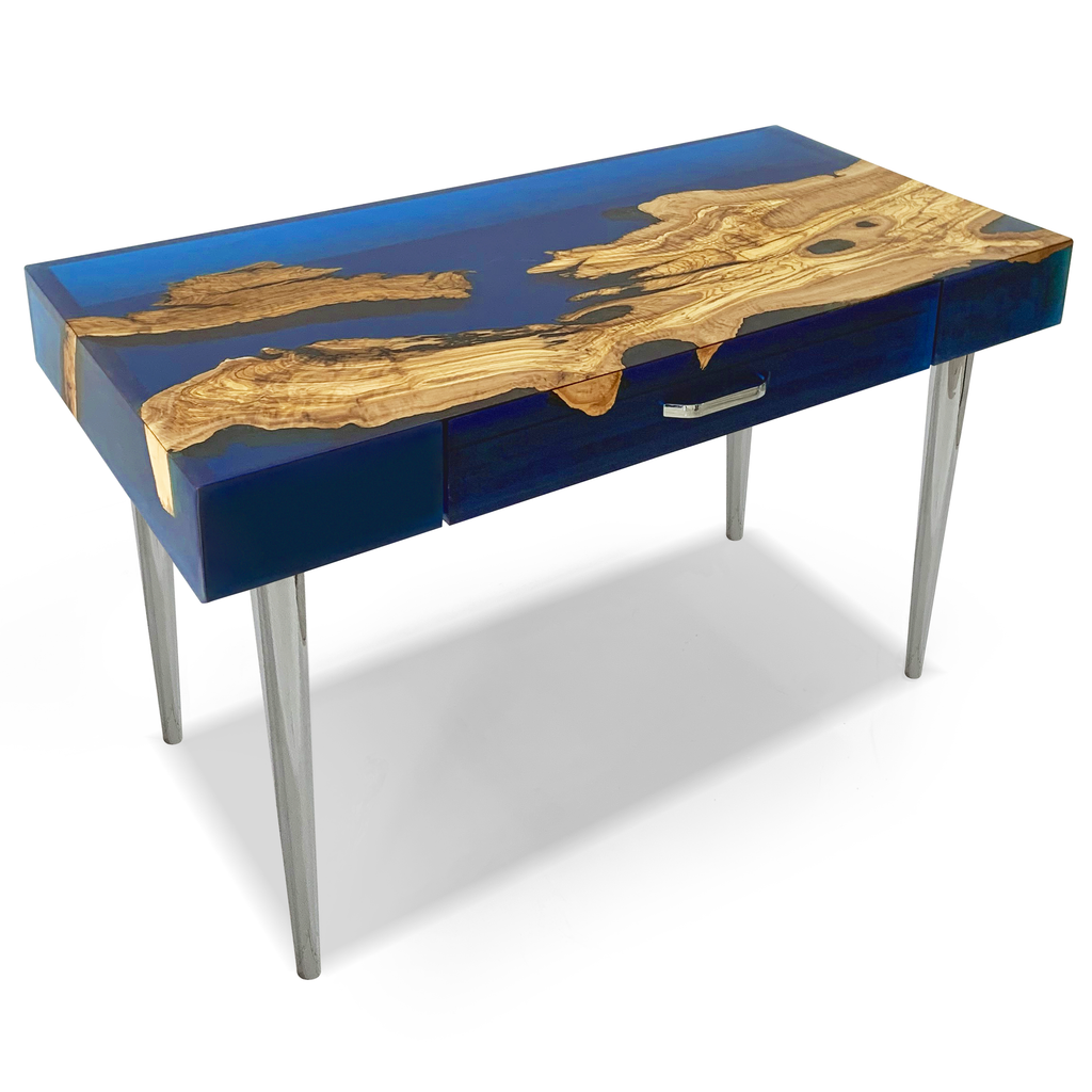 blue harmonia olive wood desk, modern desk, contemporary desk, cobalt blue resin desk, olive wood desk, stainless steel desk, chrome desk