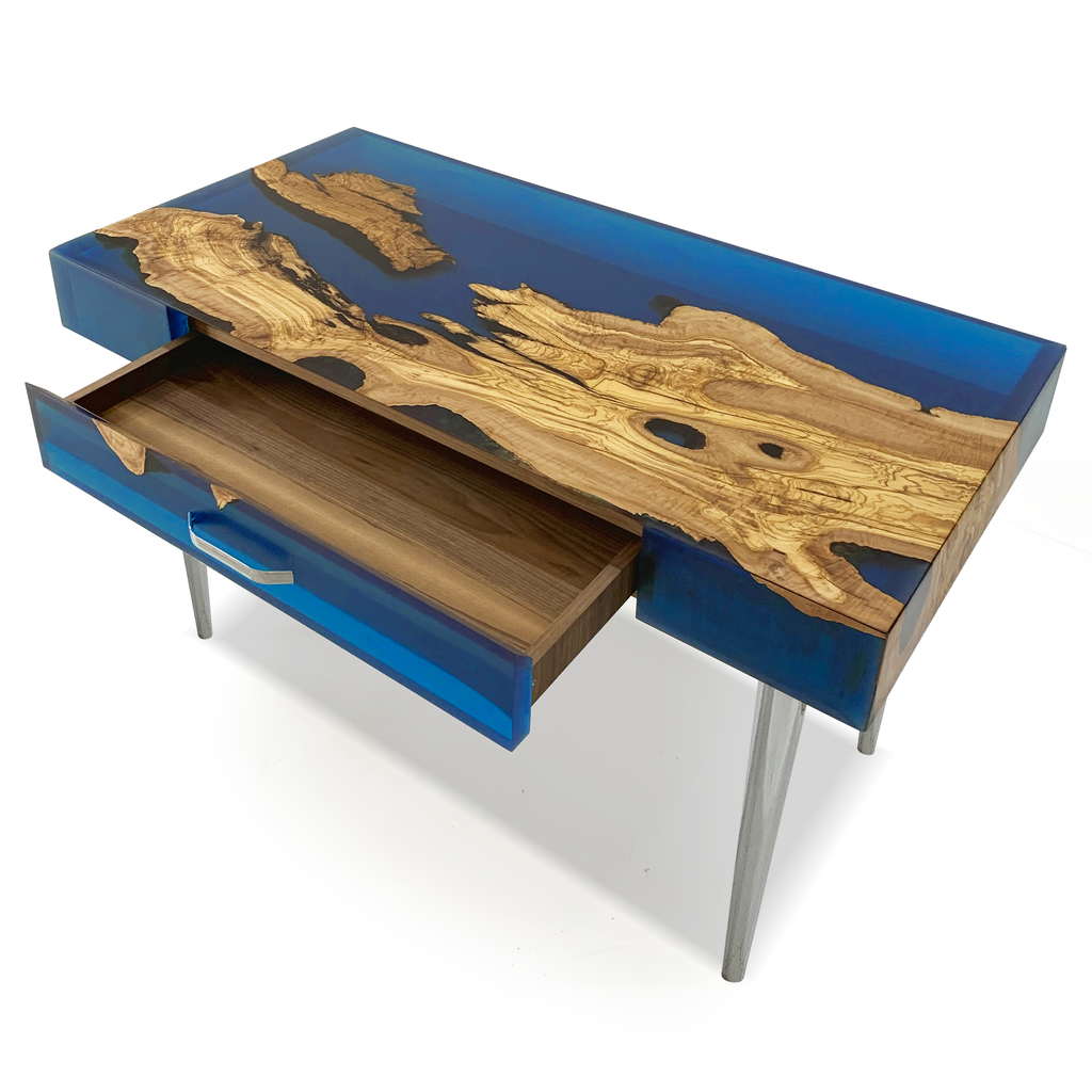 Blue Harmonia Olive Wood Desk with river-style epoxy finish and pull-out drawer