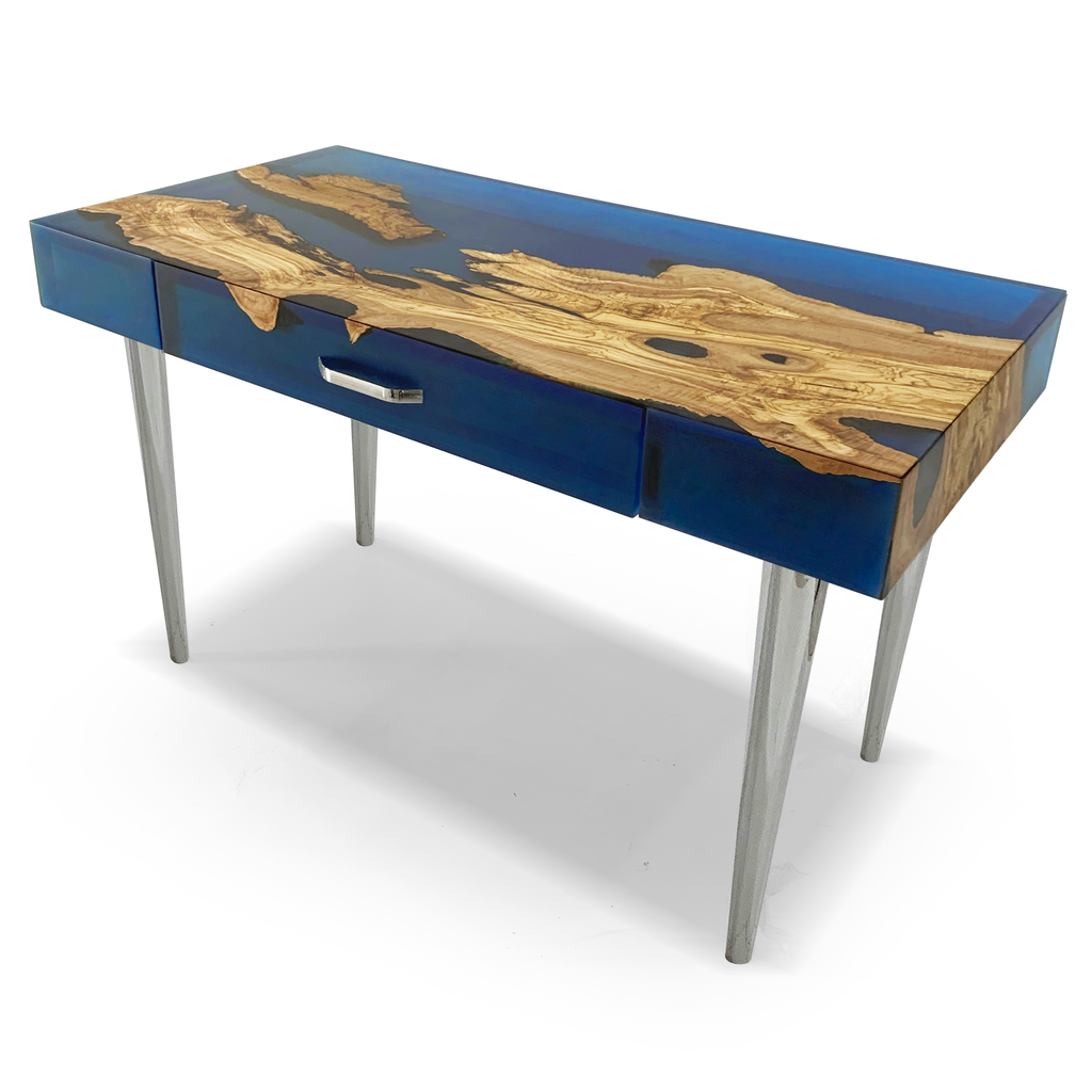 Blue Harmonia Olive Wood Desk with natural wood top and sleek metal legs