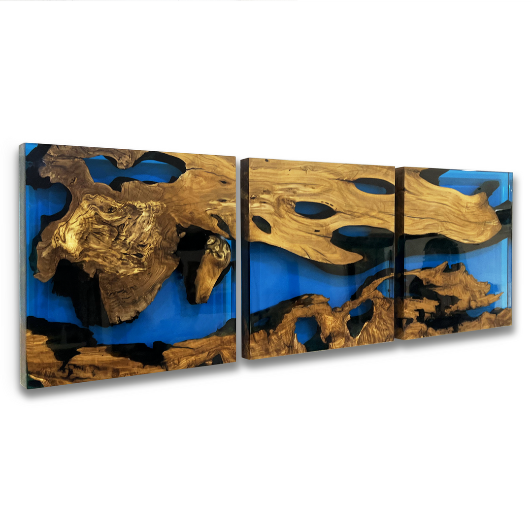 Blue Phaetusa Olive Wood Wall Art with natural olive wood and blue resin accents