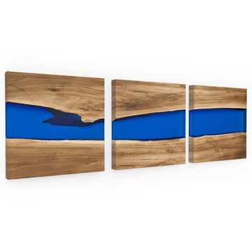 blue phaetusa walnut wood river wall art, modern wall art, contemporary wall art, cobalt blue resin wall art, walnut wood wall art, eased edge wall art, cornered rectangular wall art, blue phaetusa, walnut wood, resin, cobalt blue, eased edge, cornered rectangular, river