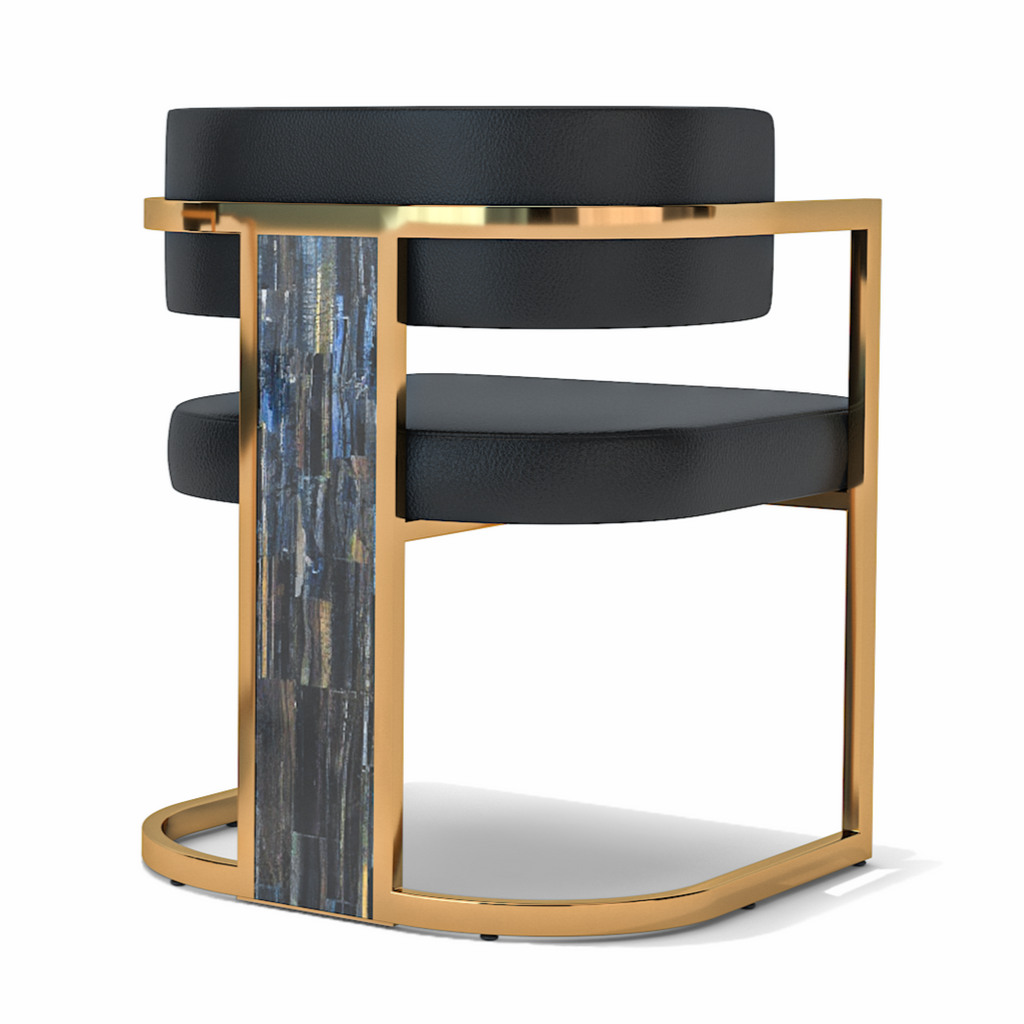Modern black and gold side table with iridescent blue panel for black Matera dining space