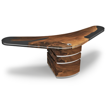 boomerang walnut wood desk, modern desk, contemporary desk, jet black resin desk, walnut wood desk, stainless steel desk, chrome desk