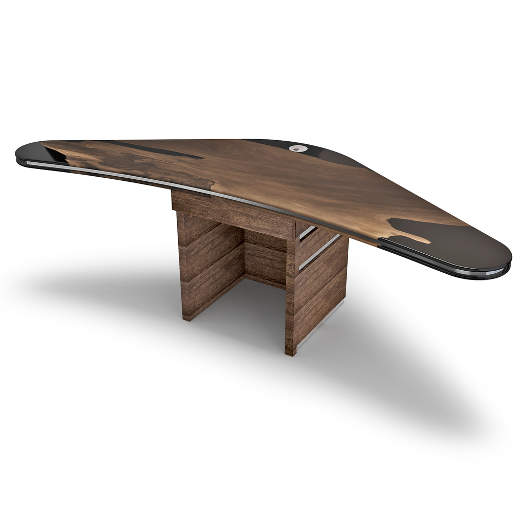 Modern Boomerang Walnut Wood Desk with dark wood and resin curved top