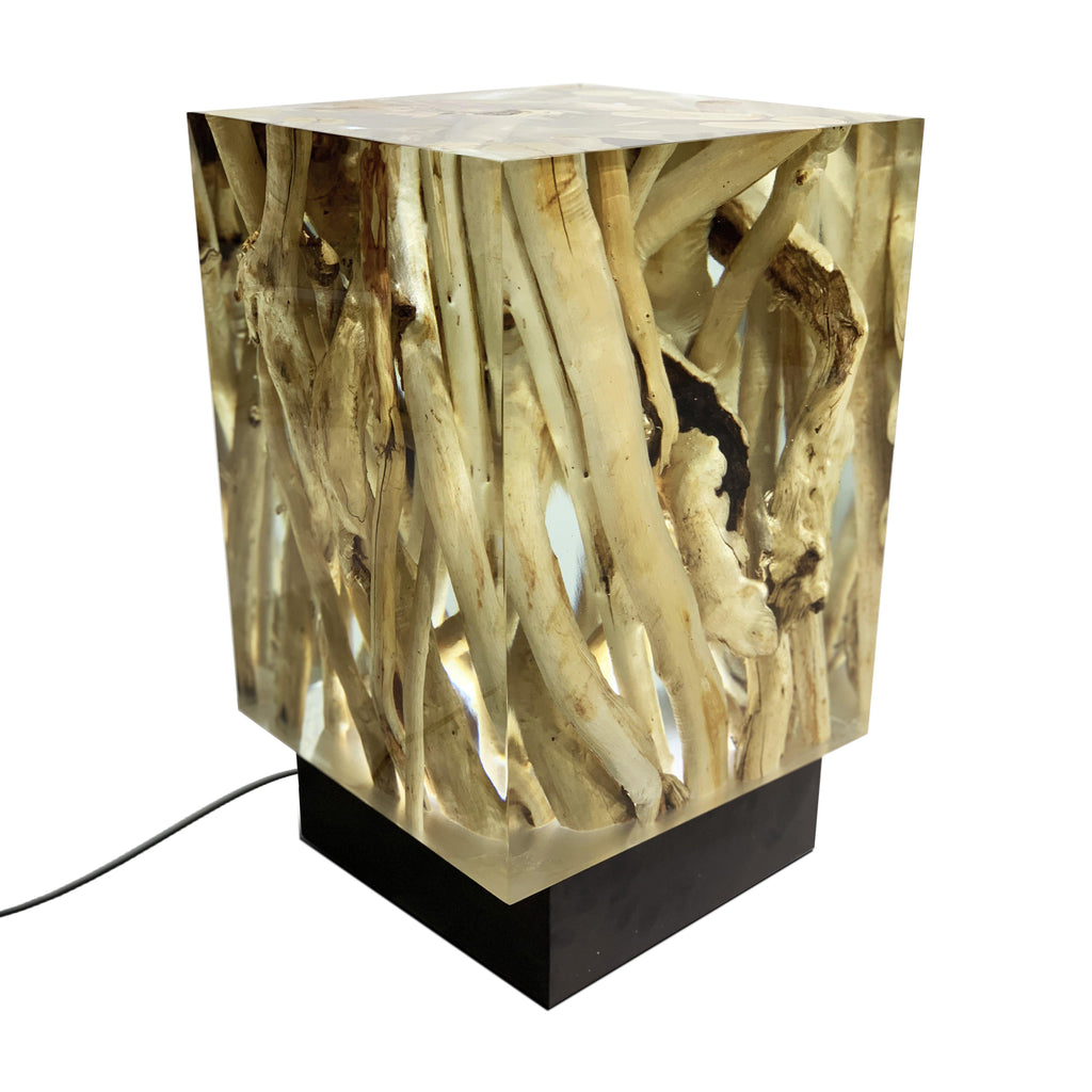 branches cube lamp, modern lamp, contemporary lamp, resin lamp, ghost white lamp, black lamp, led lamp, white light lamp