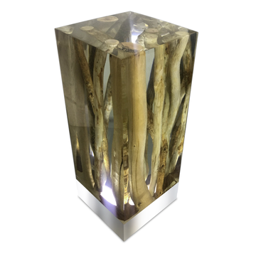 branches cube table lamp, modern table lamp, contemporary table lamp, resin table lamp, ghost white table lamp, brushed stainless steel table lamp, led table lamp, white light table lamp