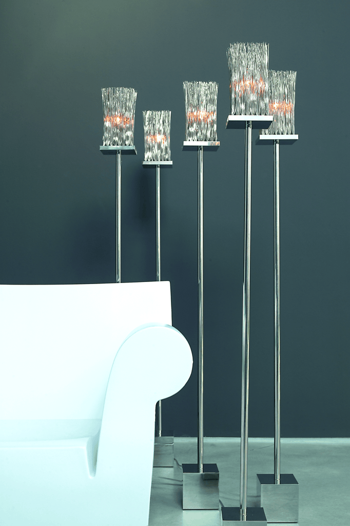 Modern Broom Floor Lamp with clear textured glass shades and polished metal bases