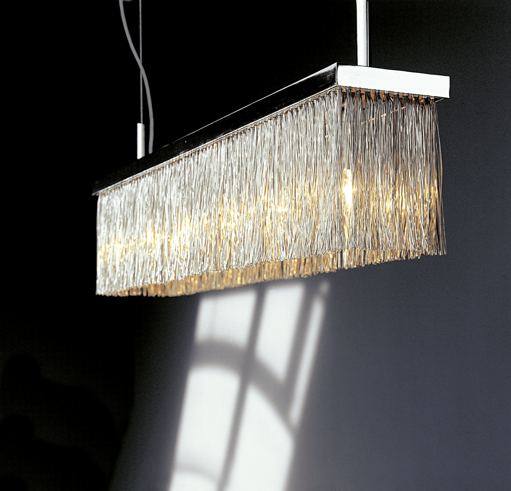 Modern Broom Hanging Lamp with clear textured glass rods and polished chrome frame
