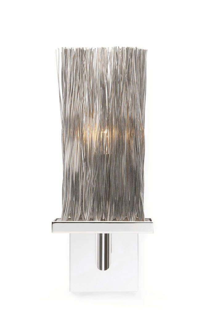 Modern Broom Wall Lamp with clear acrylic backplate and cylindrical wire shade illuminated