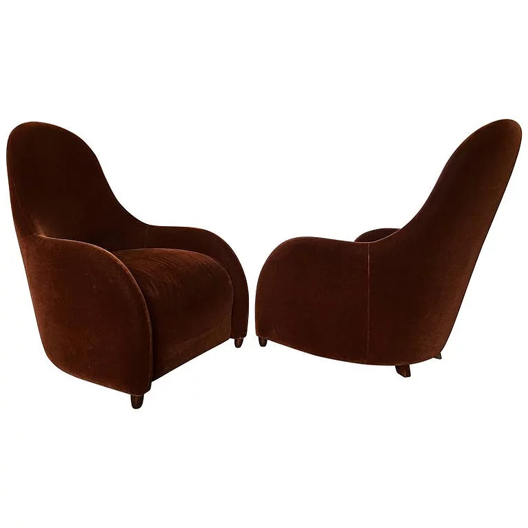 Dark brown velvet Brueton Chair with high-back and curved design for elegant seating