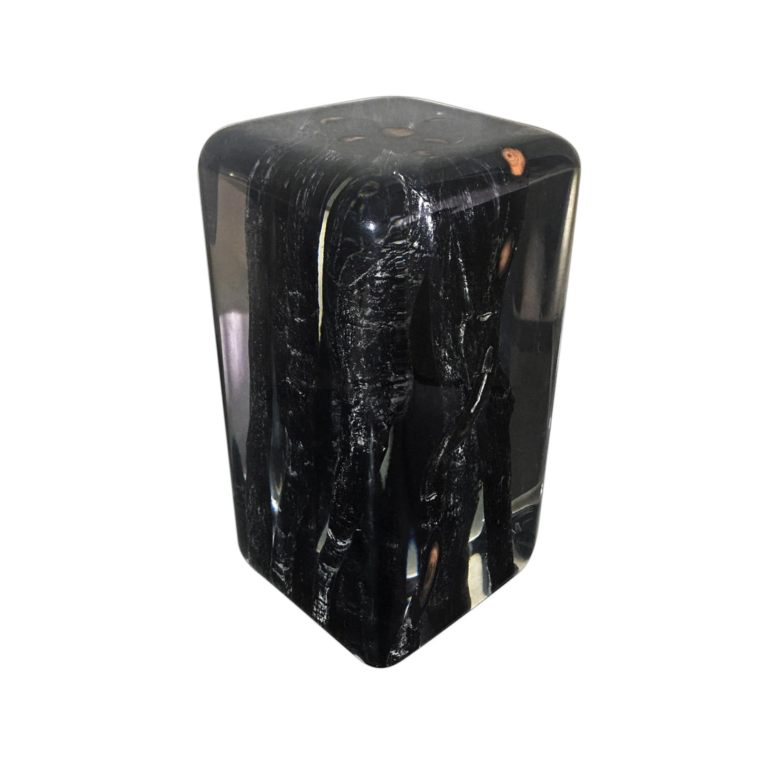 Glossy black resin burnt branches cube with textured abstract design and brown inclusions