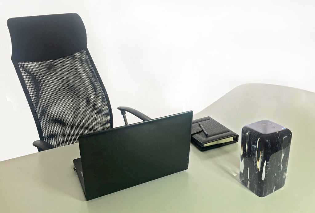Black office chair with mesh back featured in Burnt Branches Cube product image