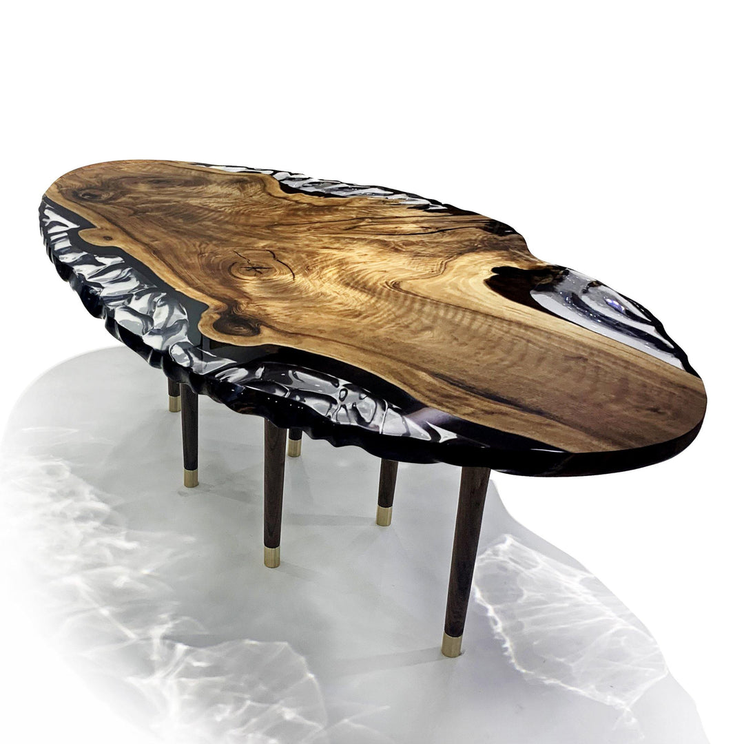 Calabria Walnut Wood Wavy Ellipse Dining Table with live-edge wood and brass accents