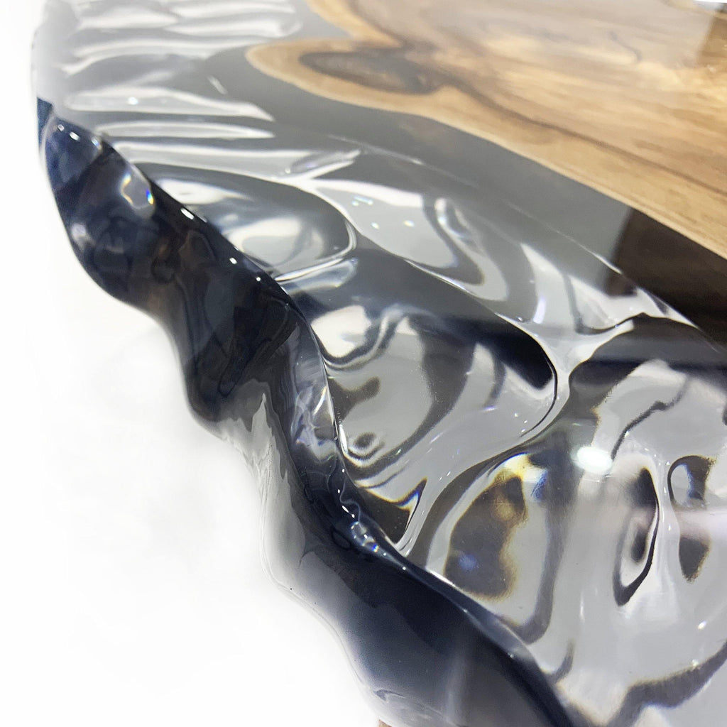 Modern Calabria Walnut Wood Wavy Ellipse Dining Table with clear dark resin river