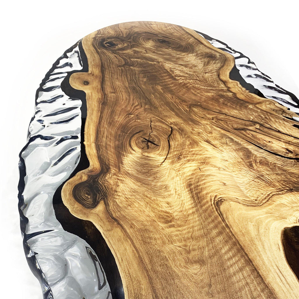Calabria Walnut Wood Wavy Ellipse Dining Table with live-edge walnut wood slab and clear resin inlay