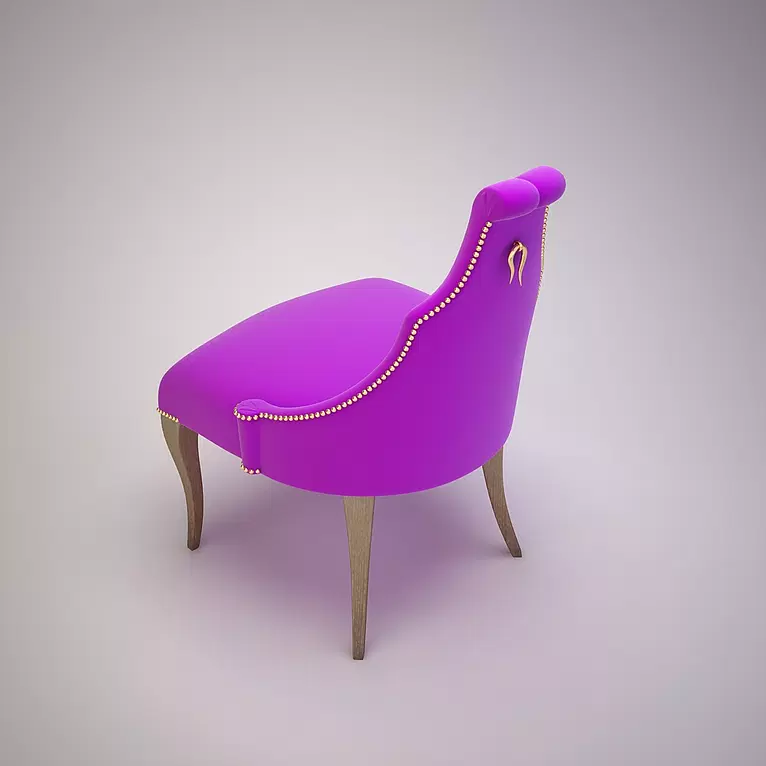 Cali Chair with purple velvet upholstery, gold nailhead trim, and decorative back hardware