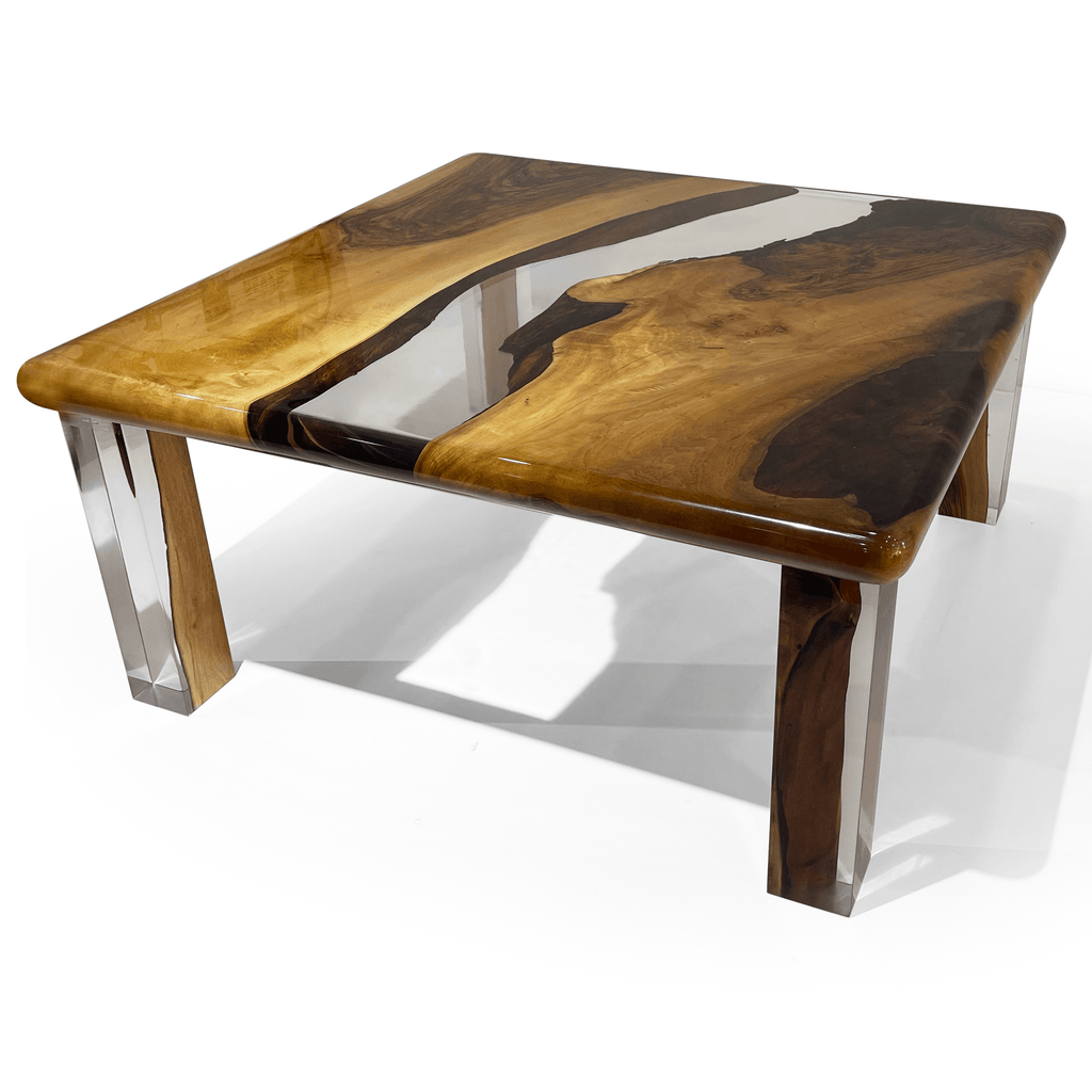 Camene Walnut Wood Square Coffee Table with live-edge walnut wood and clear resin top