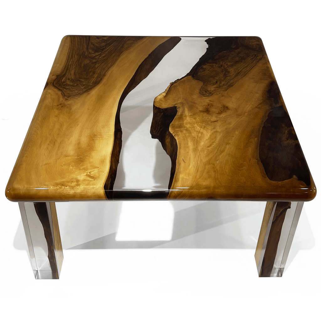 Camene Walnut Wood Square Coffee Table with polished walnut wood top and clear acrylic legs