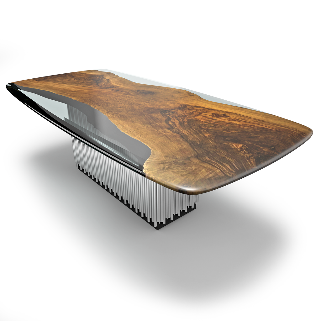 Evohe Walnut Wood Dining Table with live-edge walnut wood slab and clear resin top