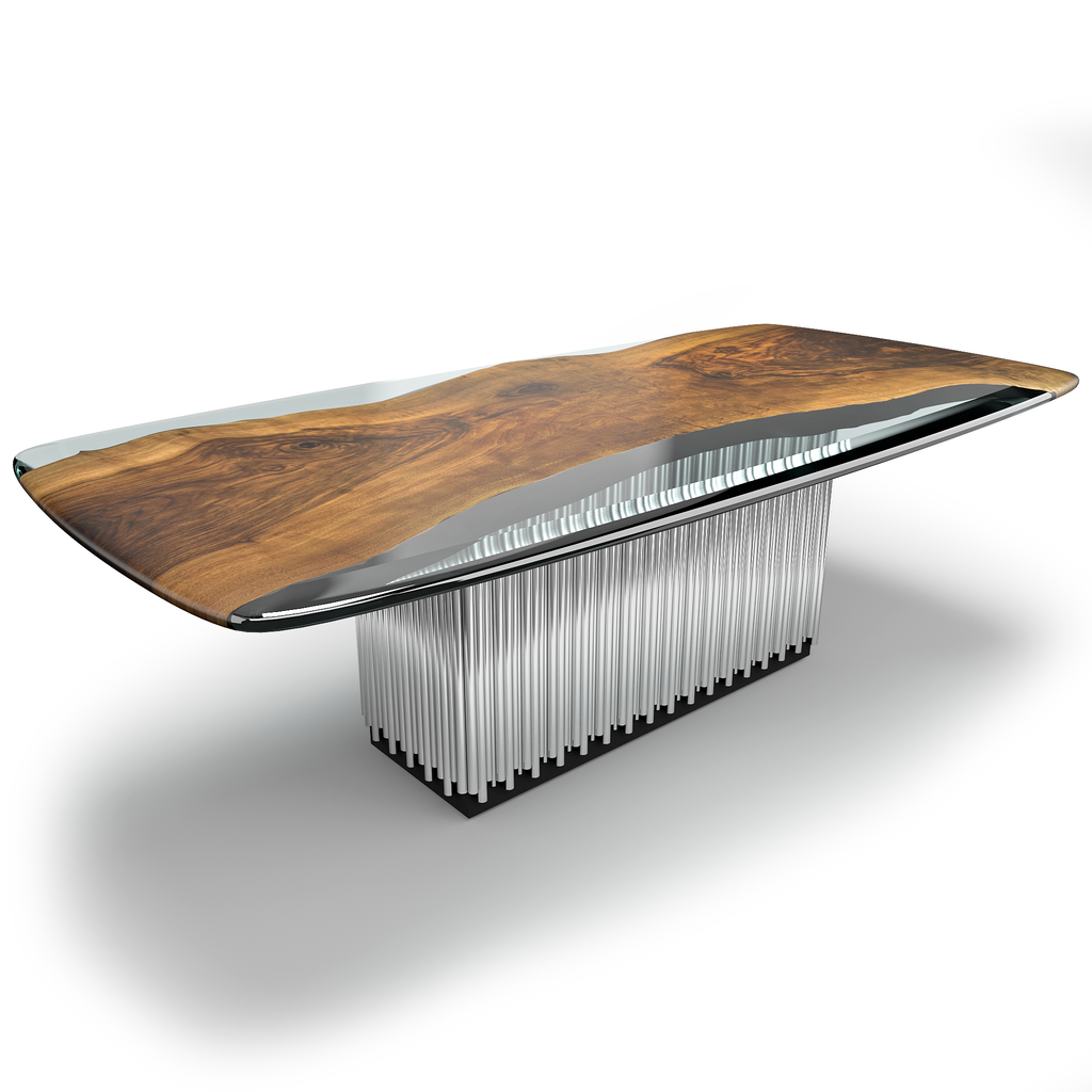 Evohe Walnut Wood Dining Table with live-edge top in glass and metal rod base