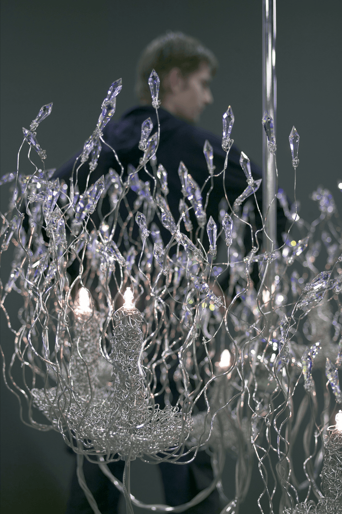 Illuminated spirits chandelier round with clear crystal accents and intertwined silver wires