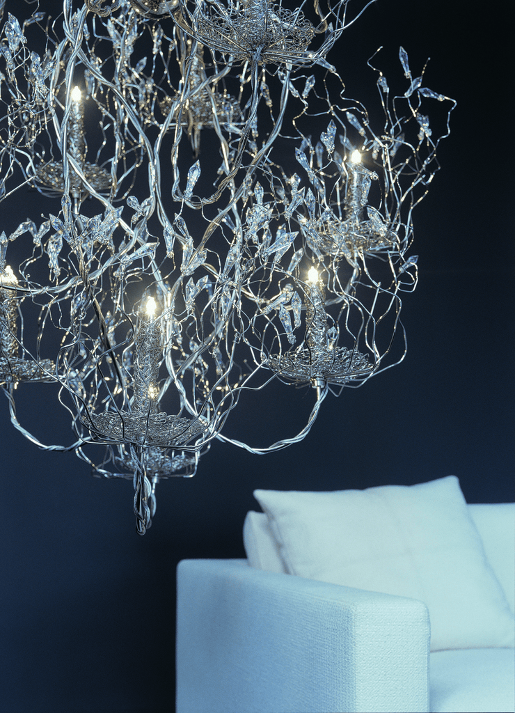 Ornate modern Spirits Chandelier Round with silvery branches and candle-like lights