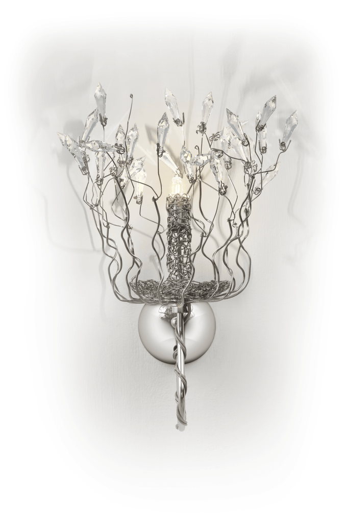 Silver-toned spirits wall lamp with decorative branching frame and crystal accents