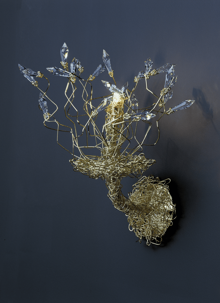 Ornate Spirits Wall Lamp with clear crystal shards and tangled gold wire design