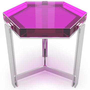 candy hexagonal coffee table, modern coffee table, contemporary coffee table, fuchsia resin coffee table, chrome base coffee table, playful luxury coffee table