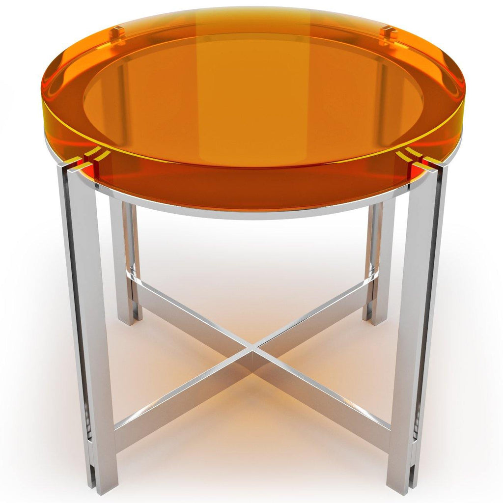Candy Round Coffee Table with orange acrylic top and chrome metal legs