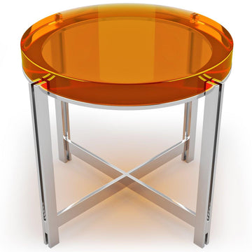 candy round coffee table, modern coffee table, contemporary coffee table, tangerine resin coffee table, chrome base coffee table, playful luxury coffee table