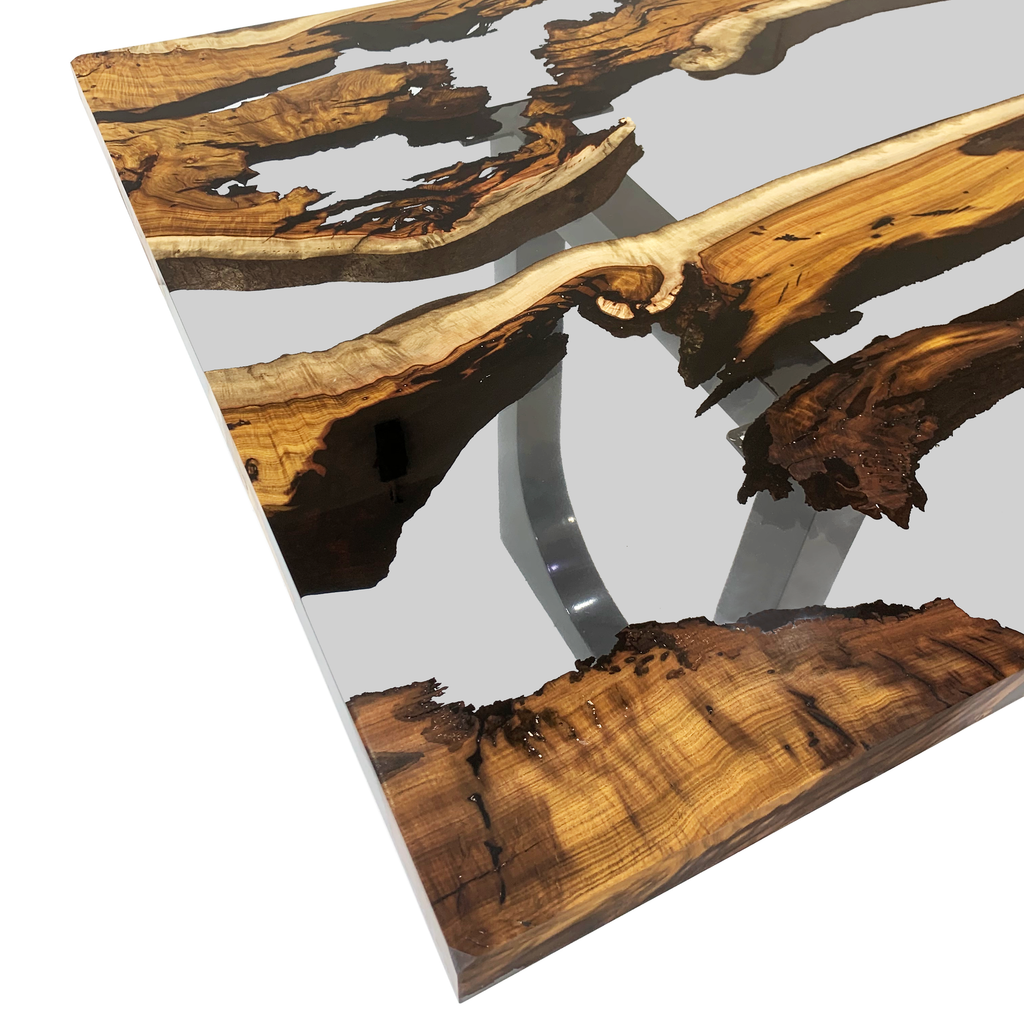 Carna Hackberry Wood Dining Table with live-edge hackberry wood and clear resin river