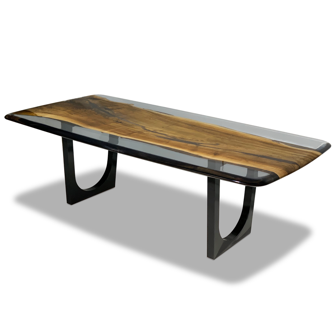 Carna Walnut Dining Table with live-edge wood slab top and black pedestal bases