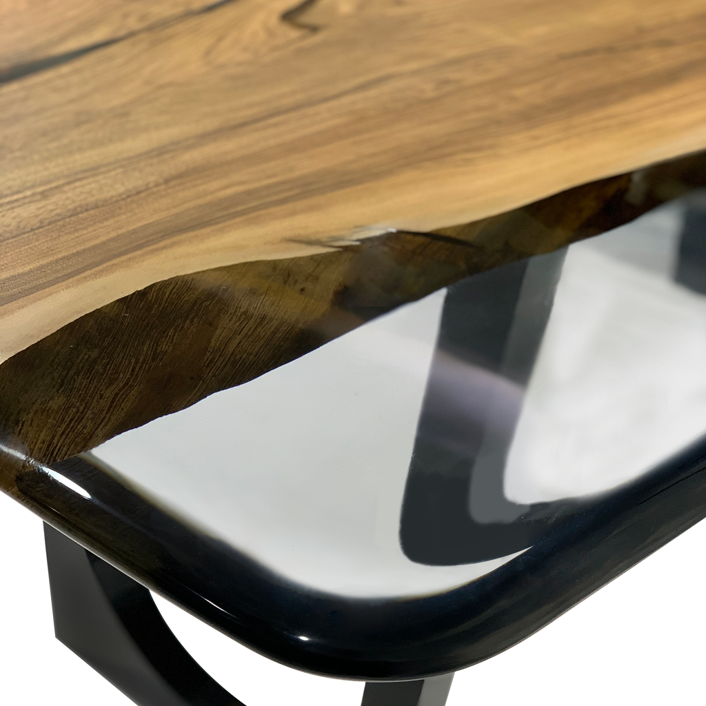 Carna Walnut Dining Table with live-edge wood and resin river design and dark curved legs